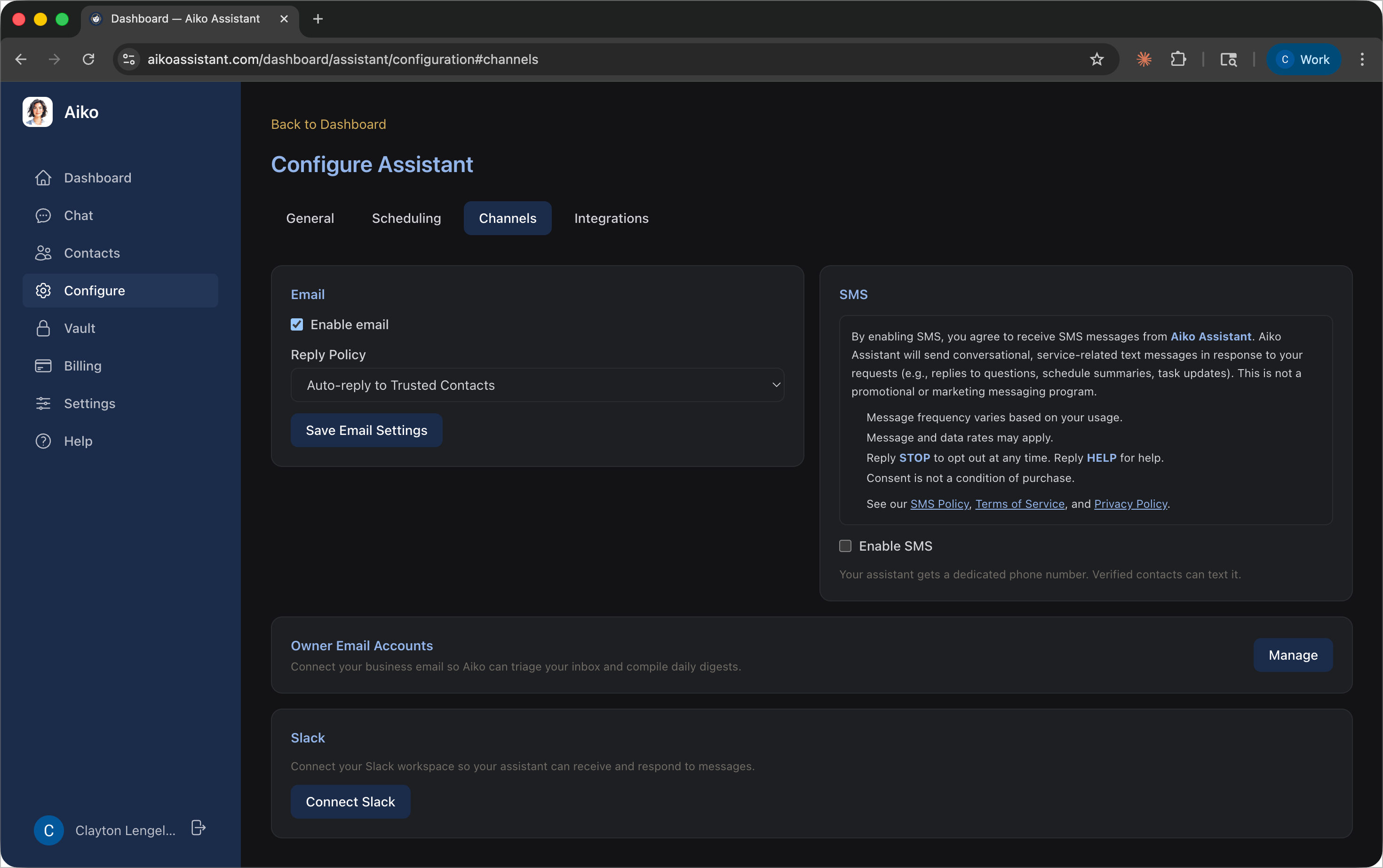 SMS configuration with consent disclosure visible and Enable SMS checkbox unchecked