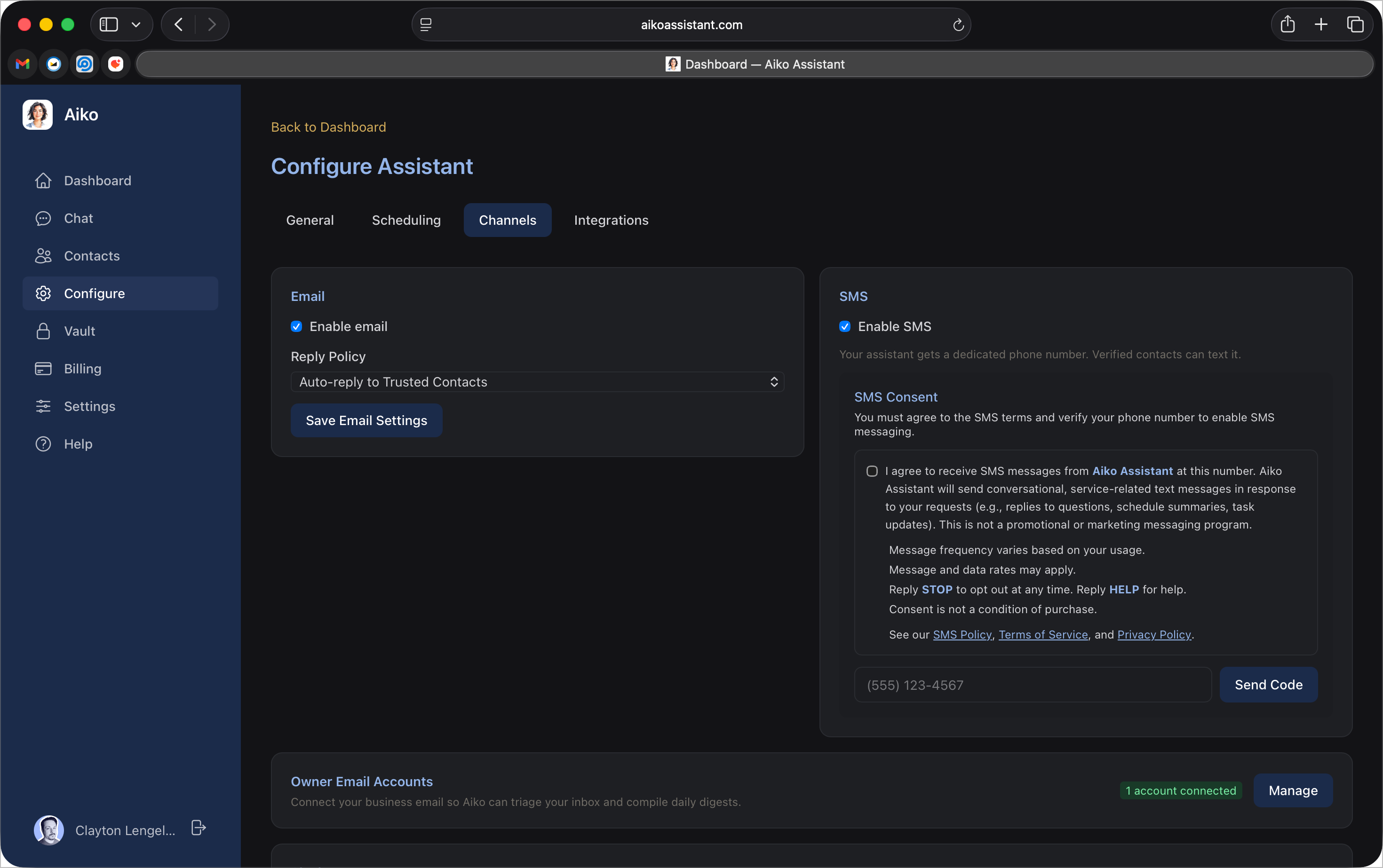 SMS configuration showing phone number field and unchecked consent checkbox