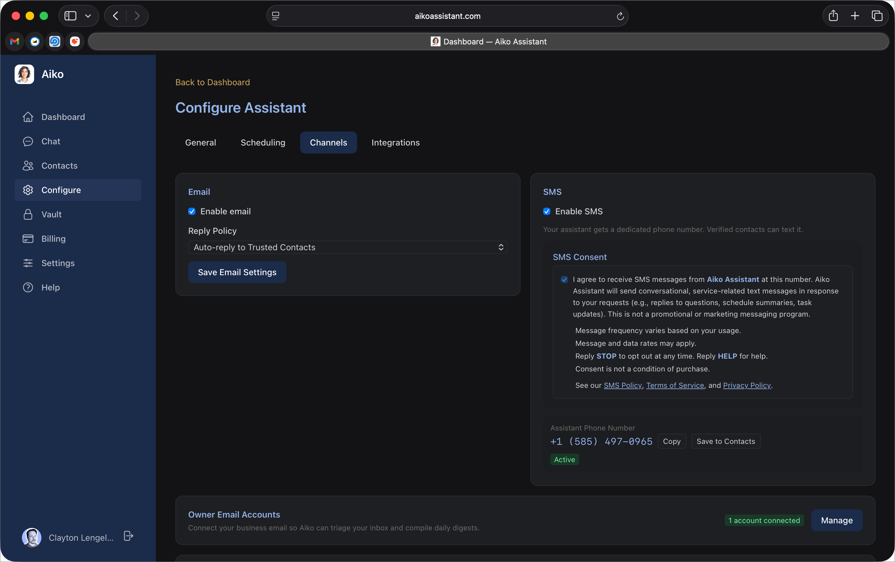 Active SMS with provisioned phone number