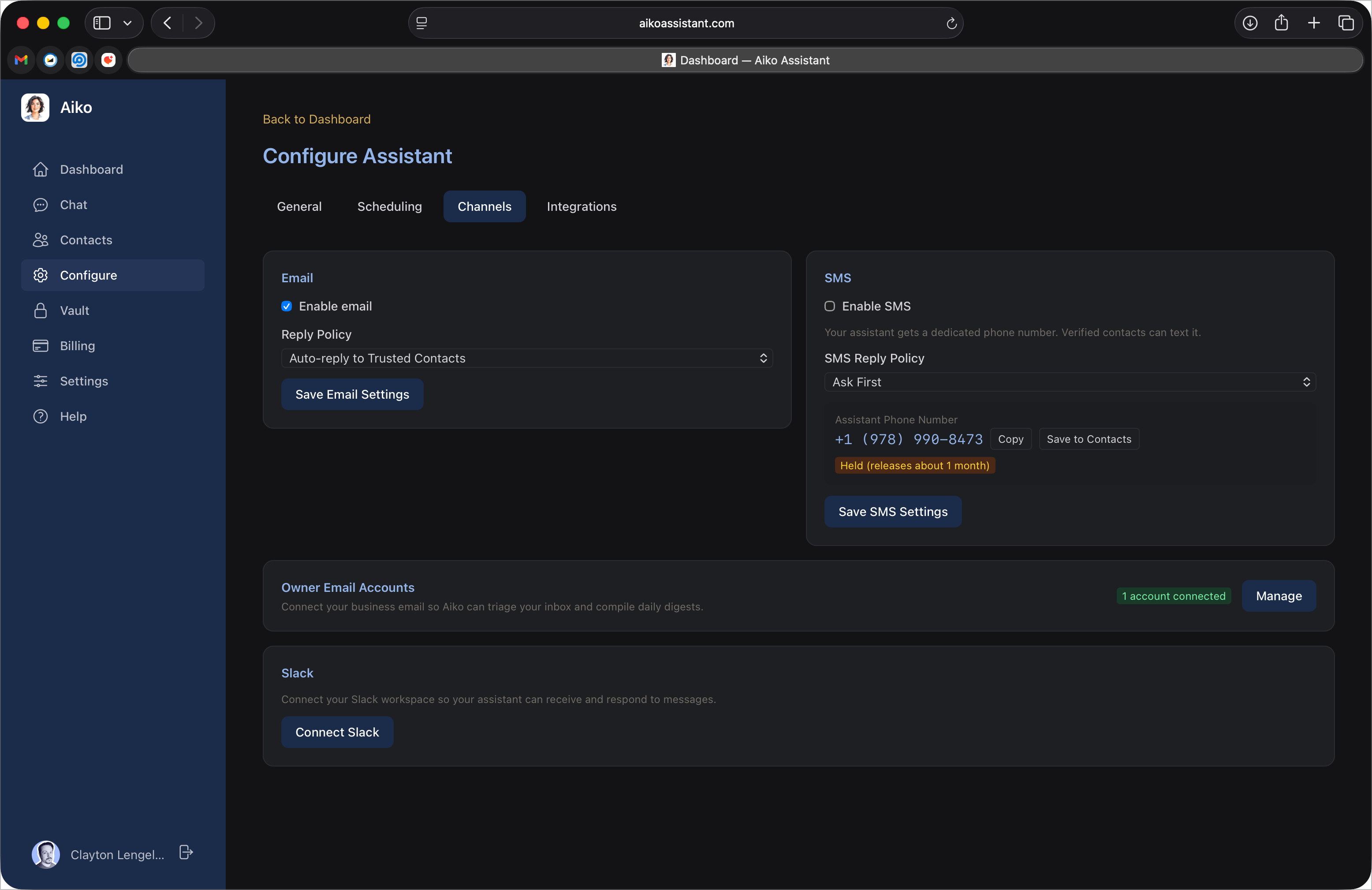 SMS disabled in dashboard settings showing opt-out state